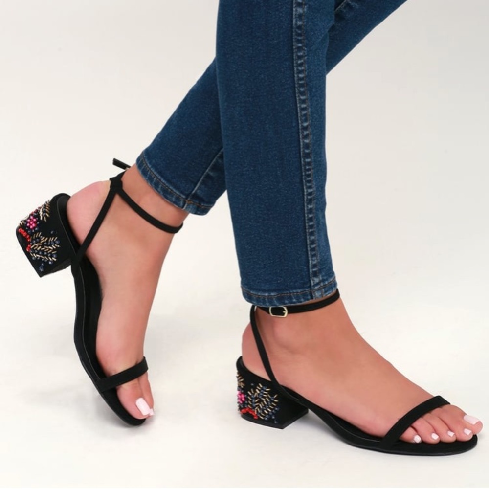 NWOT Black Suede Beaded Ankle Strap Heels